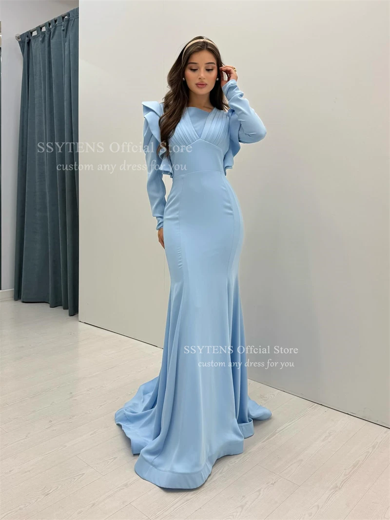 SSYTENS Elegant Blue Saudi Prom Dresses Stain Full Sleeve Formal Gown with Pleats Mermaid Evening Dresses for Woman Customized