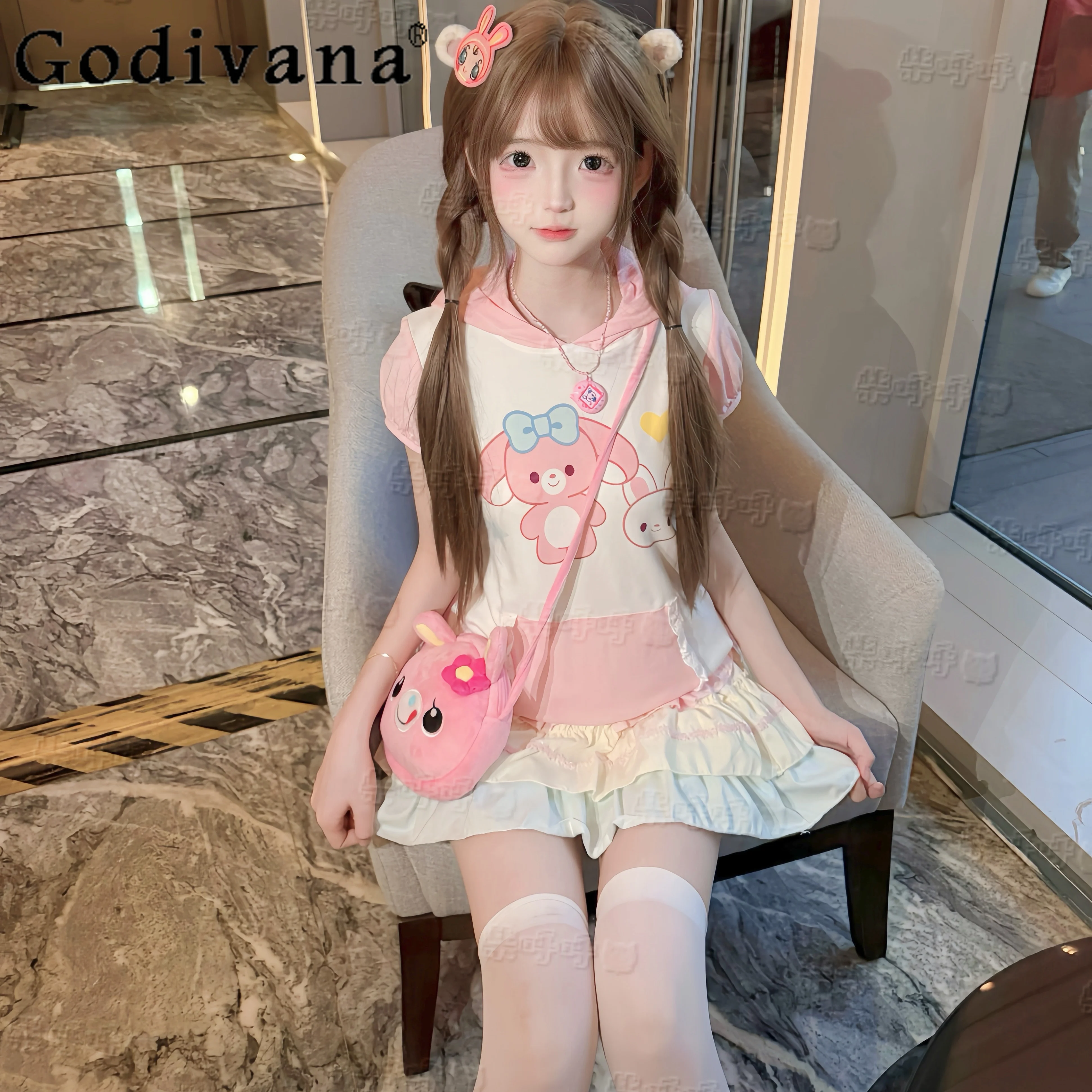 

Japanese Sweet Girls Cartoon Print Skirt Set Summer New 2025 Daughter Kawaii Clothing Short-sleeved Hooded Top Mini Skirt Set