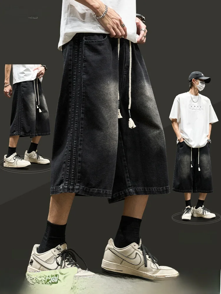 

Retro American Waed Denim Jeans Men's Summer Loose Straight Leggings Seven-Eight Pants Cotton Polyester Blend Youth Faion
