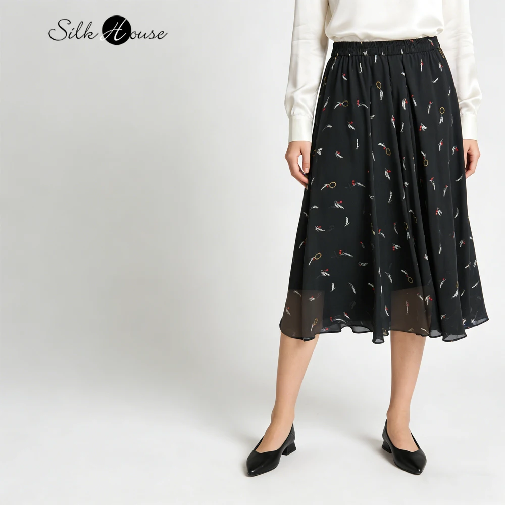 Diagonal Cut Large Swing Without Splicing 100% Natural Mulberry Silk Georgette Print Elegant Three-layer Casual A-line Skirt