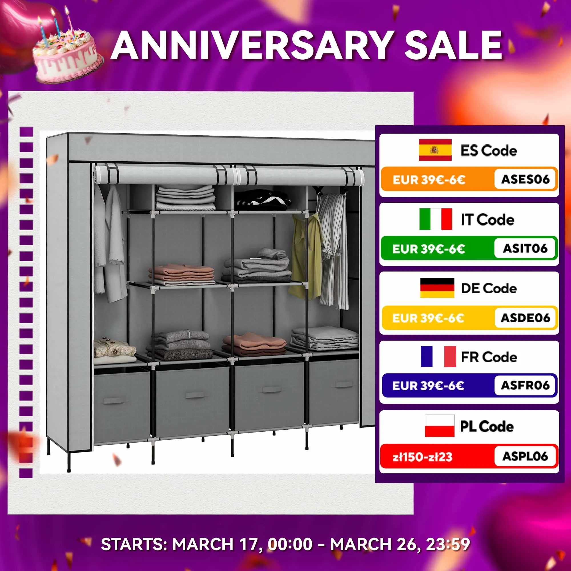 HOMCOM armadio in tessuto con 10 scomparti 4 cassetti 166x42,5x169,5 cm grigio