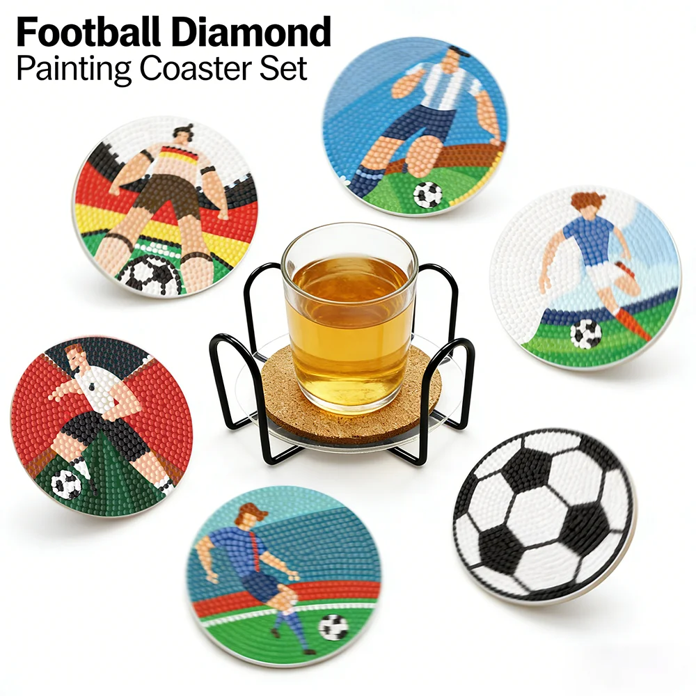 

Football Theme Hot Selling Cartoon Diamond Painting Coasters Set 6Pcs DIY Cup Mat with Holder Kids Craft Gift Home Decor