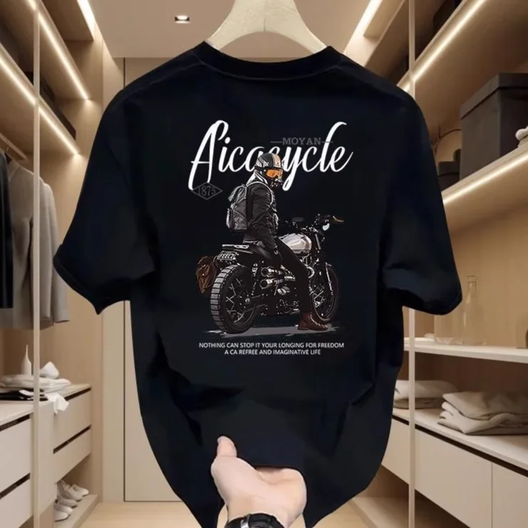 

2025 Summer New Trendy Men's Motorcycle Printed Short-sleeved T-shirt Trendy Brand Handsome Fashion Versatile Cotton T-shirt