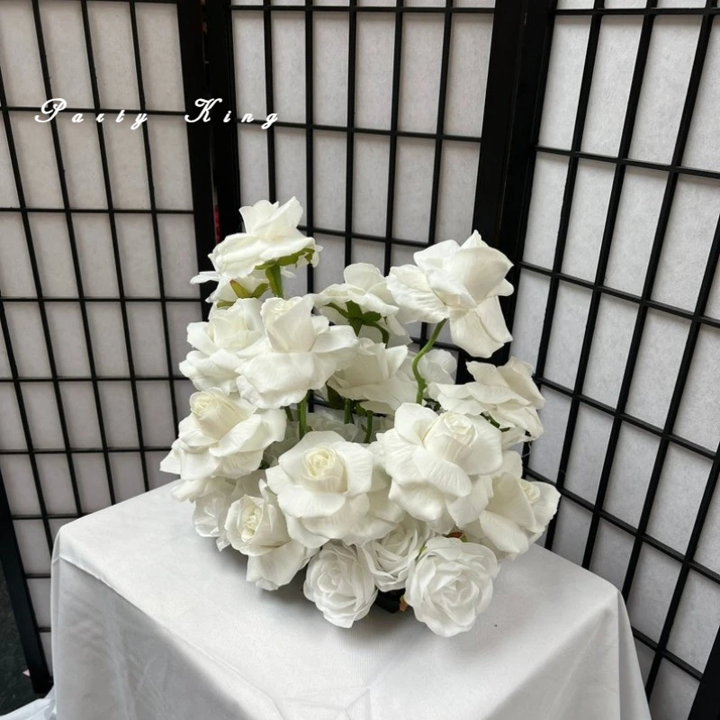 

Белая роза с низким вырезом и цветочным принтом, свадебное украшение, центральная часть стола, аксессуары для домашнего декора, шелковые искусственные цветы, шар, реквизит для вечеринки