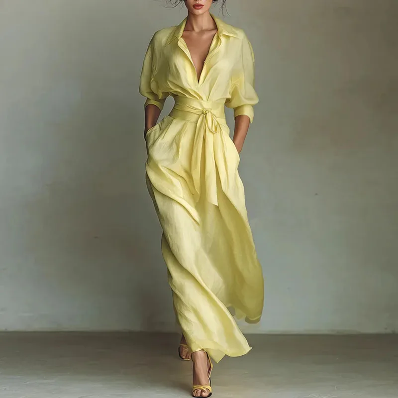 

FL 2026 Summer New Women Slim Elegant Solid Waist Tie Long Dress Soft Light Breathable Chic Daily Casual Beach Outdoor Holiday