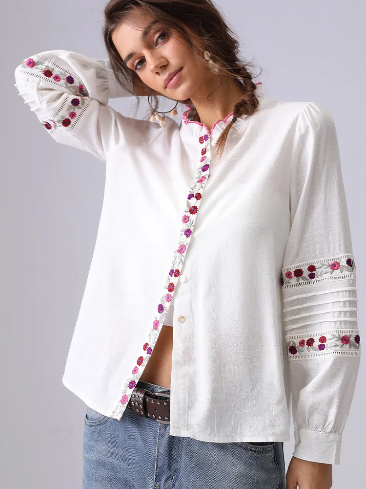 

Bohemian Flower Embroidered Women's Shirt Blouse 2025 Spring And Summer New Long-sleeved Lotus Leaf Collar Chic Shirt Tops