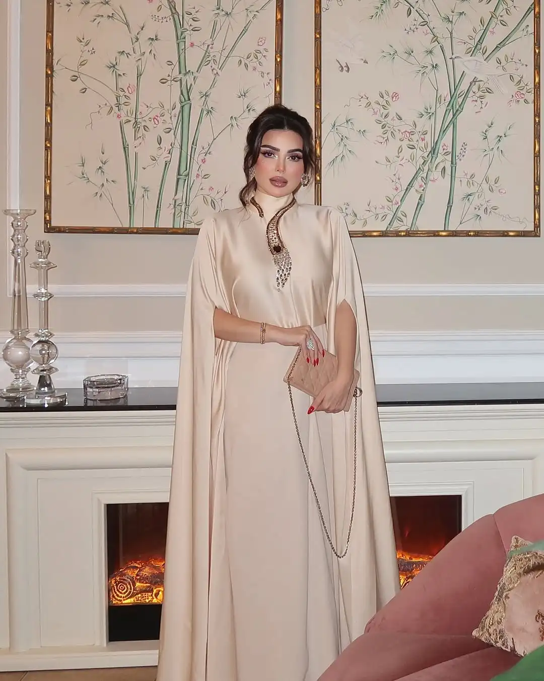 

Customized Long Sleeves Prom Dresses High Neck Pleated Beadings Floor Length Temperament Evening Dresses
