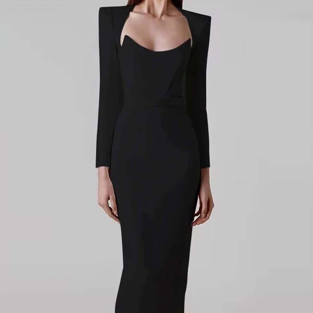 Dames herfst en winter temperament Hepburn-stijl jurk vierkante hals hoorn schouder bandagejurk met lange mouwen-GZXX1080