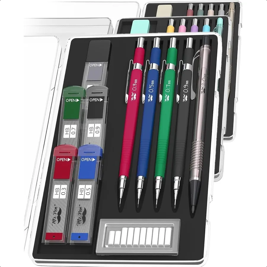 Mechanical Pencil Set with Lead and Eraser Refills 5 Sizes 0.3 0.5 0.7 0.9 and 2 Millimeters Drafting Sketching Illustrations A