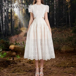 TWOTWINSTYLE Solid Casual Hollow Out Dress For Women Round Neck Short Sleeve High Waist Spliced Lace Dresses Female KDR507402