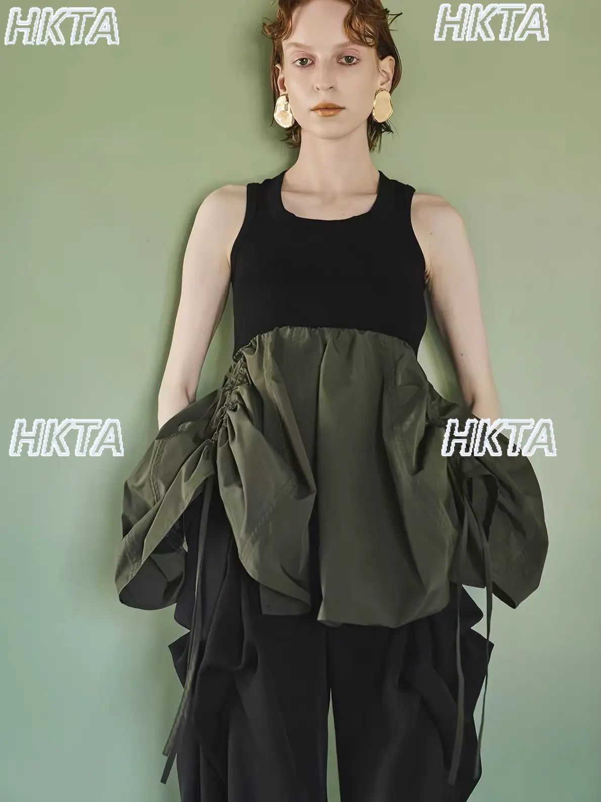 Japanese Splicing Drawstring Slim Black Vest Summer New Irregular Three Dimensional Pleated Bud Sleeveless Puffy Tanks Top Women