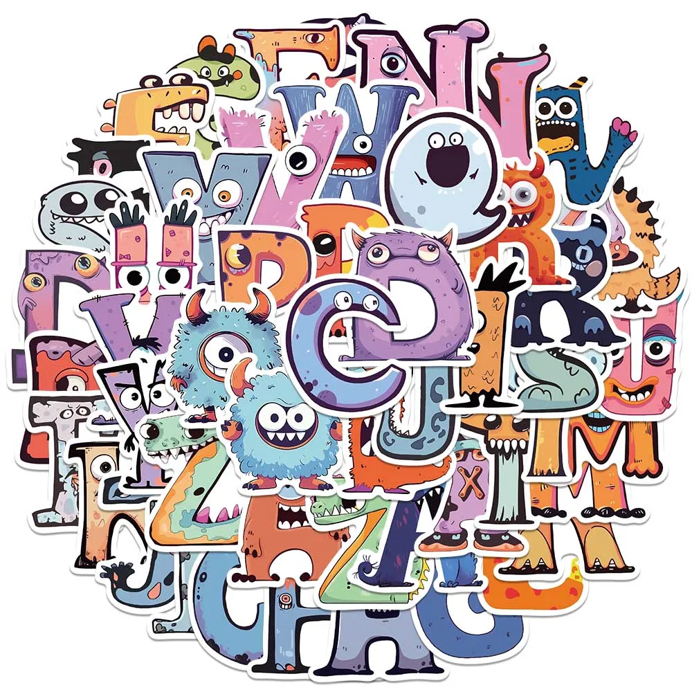 

52pcs Vinyl Laptop Decals Funny Cartoon Monster Alphabet Stickers For Luggage Notebook Water Bottle Phone Waterproorf Graffiti