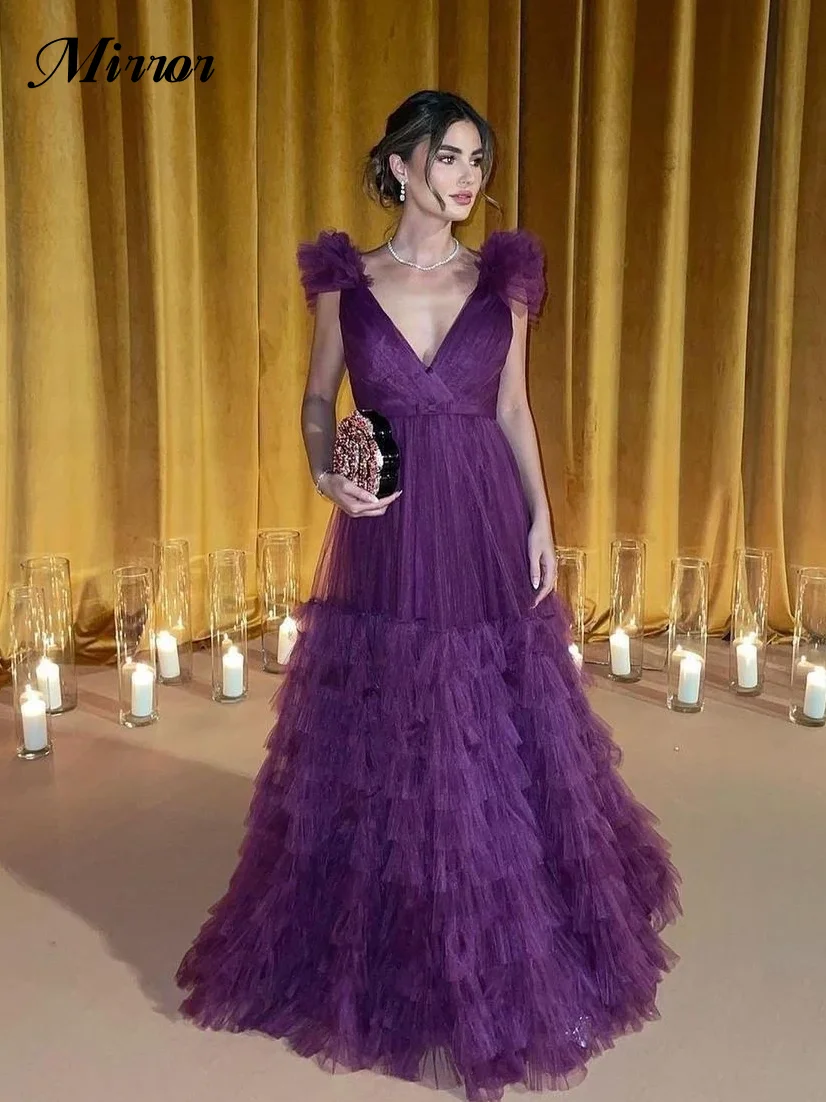 

Mirror Dress Elegant Vintage Sexy Purple Ruffle V-Neck Formal Occasion Ball Prom Dress Evening Party Gowns