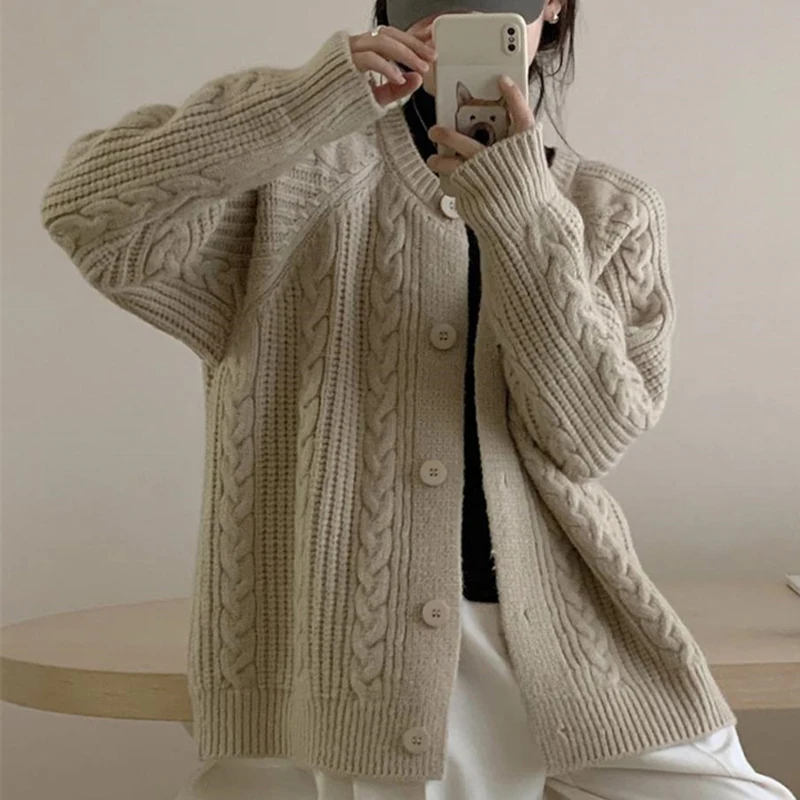 Autumn Twist Cardigan Women Vintage Casual Knitted Cardigan Fashion Long Sleeve Single Breasted Sweater Coat