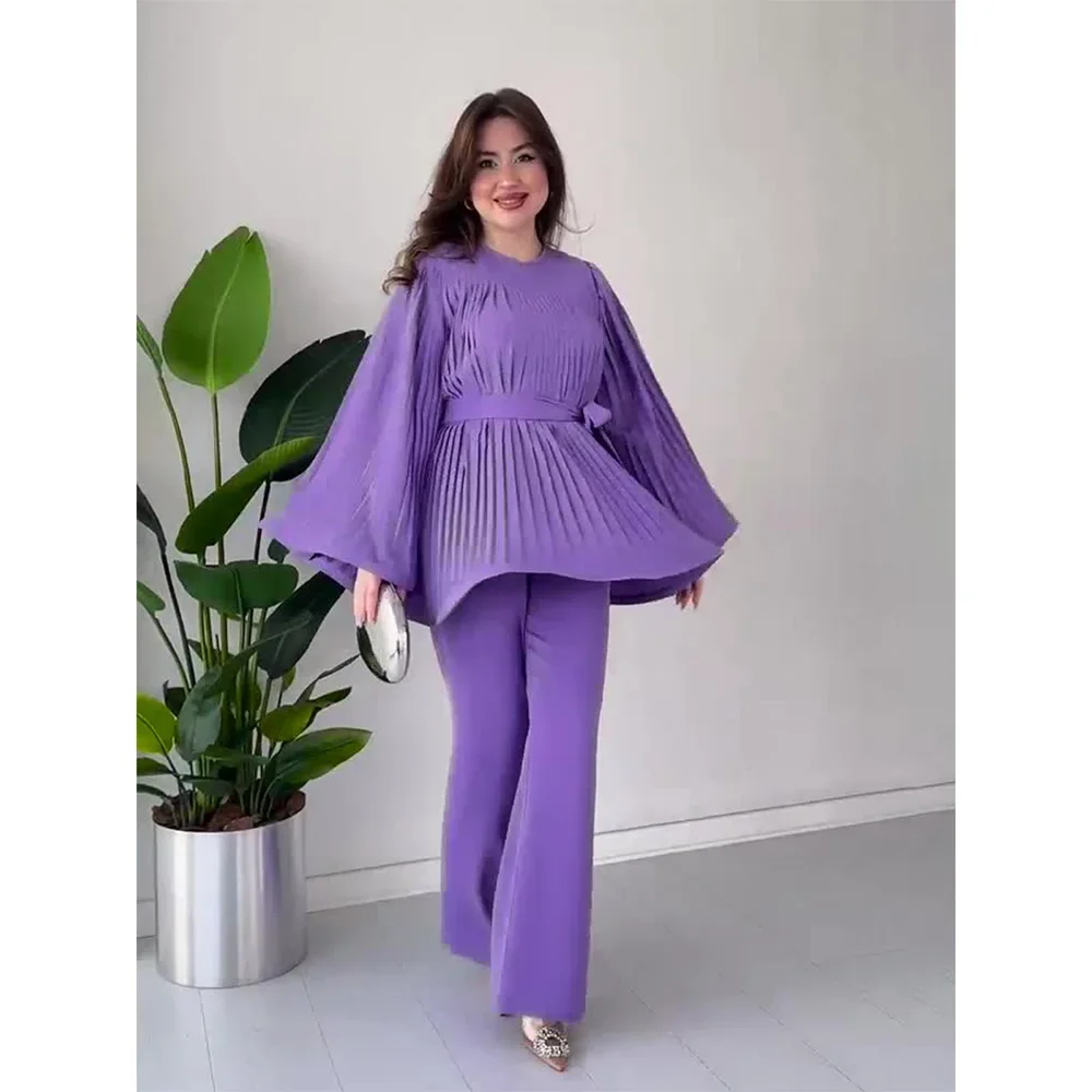 Women\'s Casual Style Suit 2024 Spring/summer Latest Round Neck Bat Sleeve Pleated Long Sleeved Top with Elegant Temperament Set