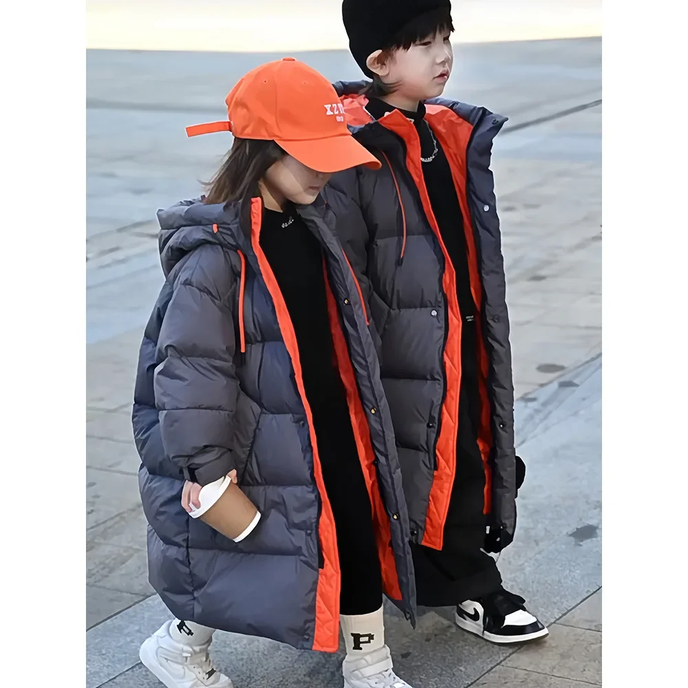 

2024 Winter Girls Boys Casual X Long Thick Warm Hooded Parkas Kids Zip Coat Outerwear 120-170cm