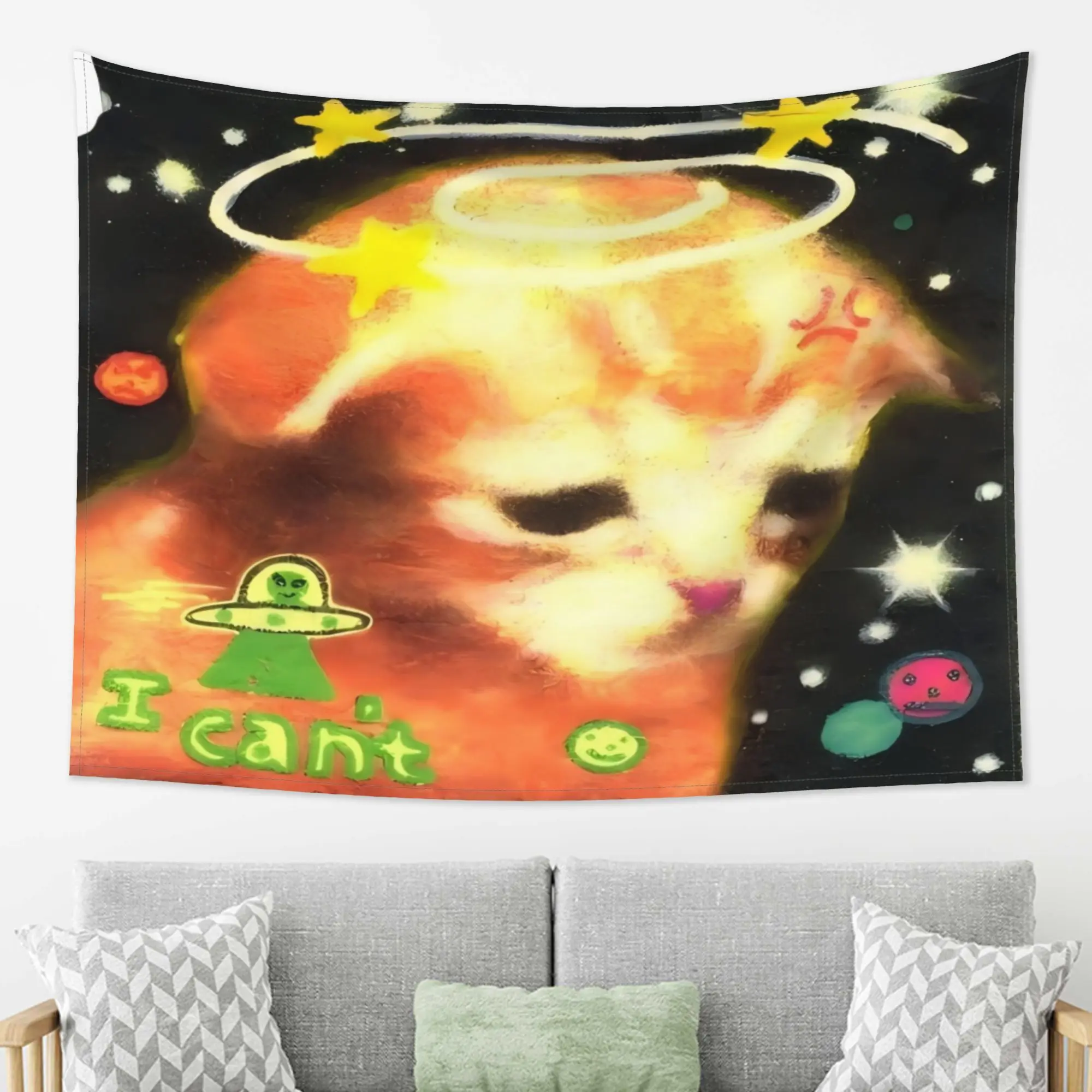 Funny Cute Cat Tapestry Wall Art Psychedelic Retro Unicorn Humor Boho Decor Wall Hanging Cosmic UFO Celestial Aesthetic Poster G