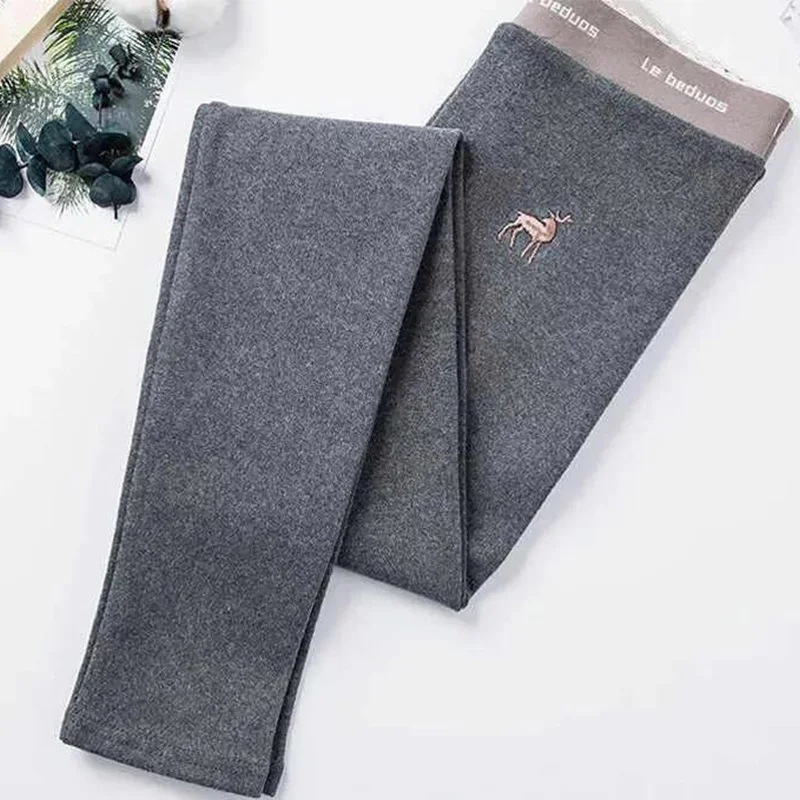 Women Clothes Office Lady Embroidered Solid Color High Waist Warm Trousers Winter Simplicity Skinny Leggings Female Cotton Pants