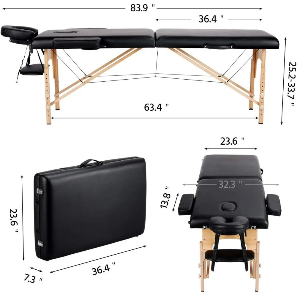 Folding Massage Table with Rolling Stool Portable Massage Bed Spa Bed Stool Adjustable Swivel Salon Chair Massage Therapy Table