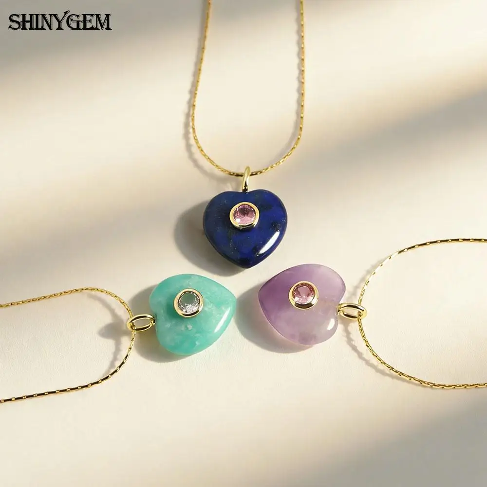 

SHINYGEM Natural Gemstone Heart Pendant Necklace Amethyst Gold Plated Chain Black People Combination Gift Women Daily Crystal
