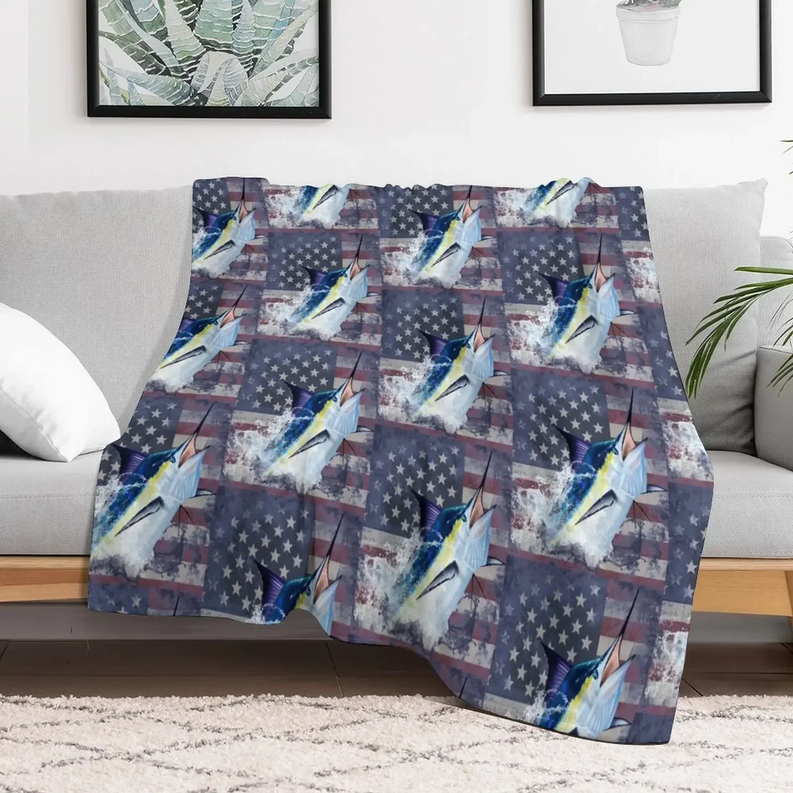 

Blue Marlin with US Flag Throw Blanket Plush Picnic Personalized Gift Sofa Quilt Blankets Soft Beds Furrys Flannel Blankets