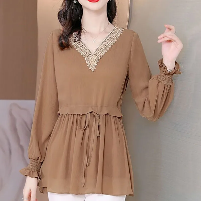 V-Neck Fashion Elegant Solid Color Chiffon Shirt Women\'s Clothing Pullovers Loose Casual Female Spliced Lace Up All-match Blouse