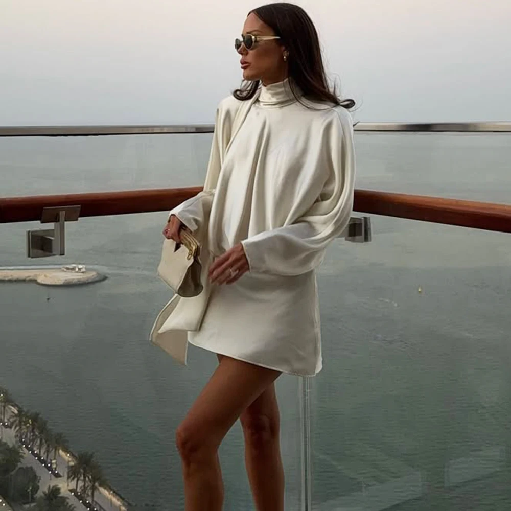 Ticketsx Elegant Bow Ruched Mini Dress Fashion Scarf Bibbon Patchwork High Waist Slim Dress Solid Vacation Party Clubwear Dress