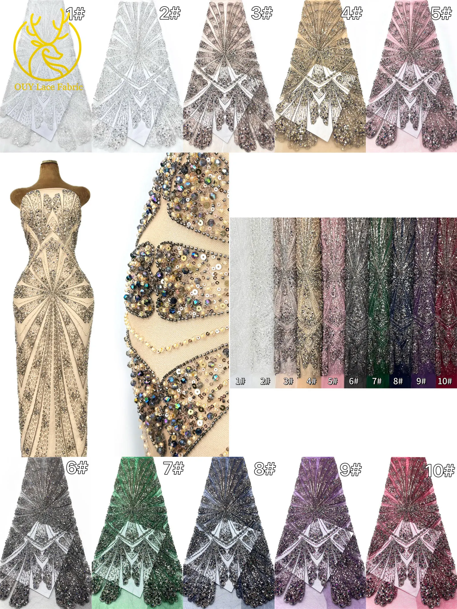 2026 Neuer Afrikanischer Schwer Perlenverzierter Spitzenstoff Hochwertiger Französischer Tüll Pailletten-Spitzenstoff Premium Maßgefertigtes Damen-Abendkleid – Detail 3