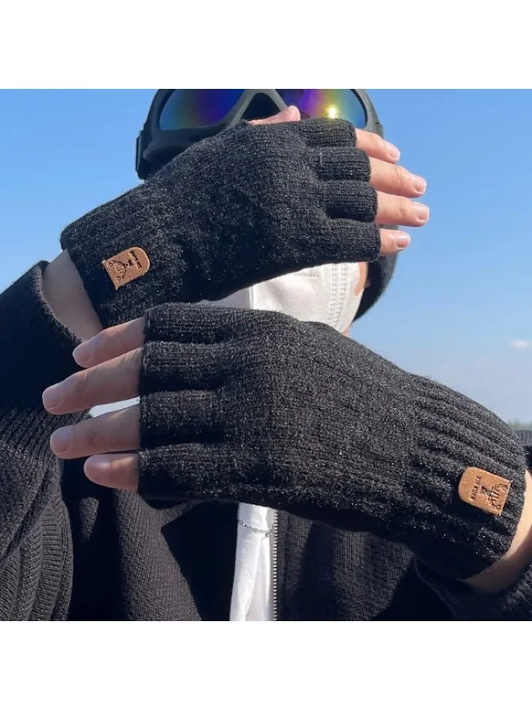 AliExpress NONE Winter Gloves for Men Students Alpaca Wool Warm Thick Elastic Driving Gloves Half Finger Writting Cycling Knitted Gloves HSTr04
