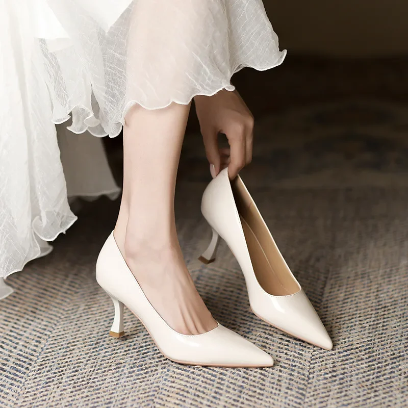 

Pointed Toe Woman High Heels Sexy 7CM Thin Heels Dress Shoes Black Nude Matter Leather Stiletto Heels