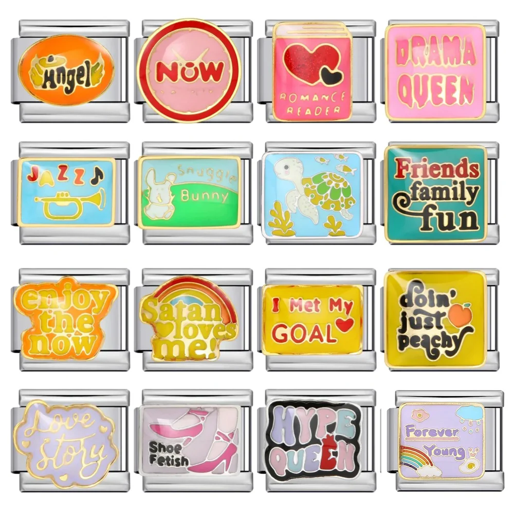 2025 New Colorful Glaze English Words Italian Charm Link Fit 9mm Stainless Steel Bracelet Jewelry for Woman Men DIY Making Gift