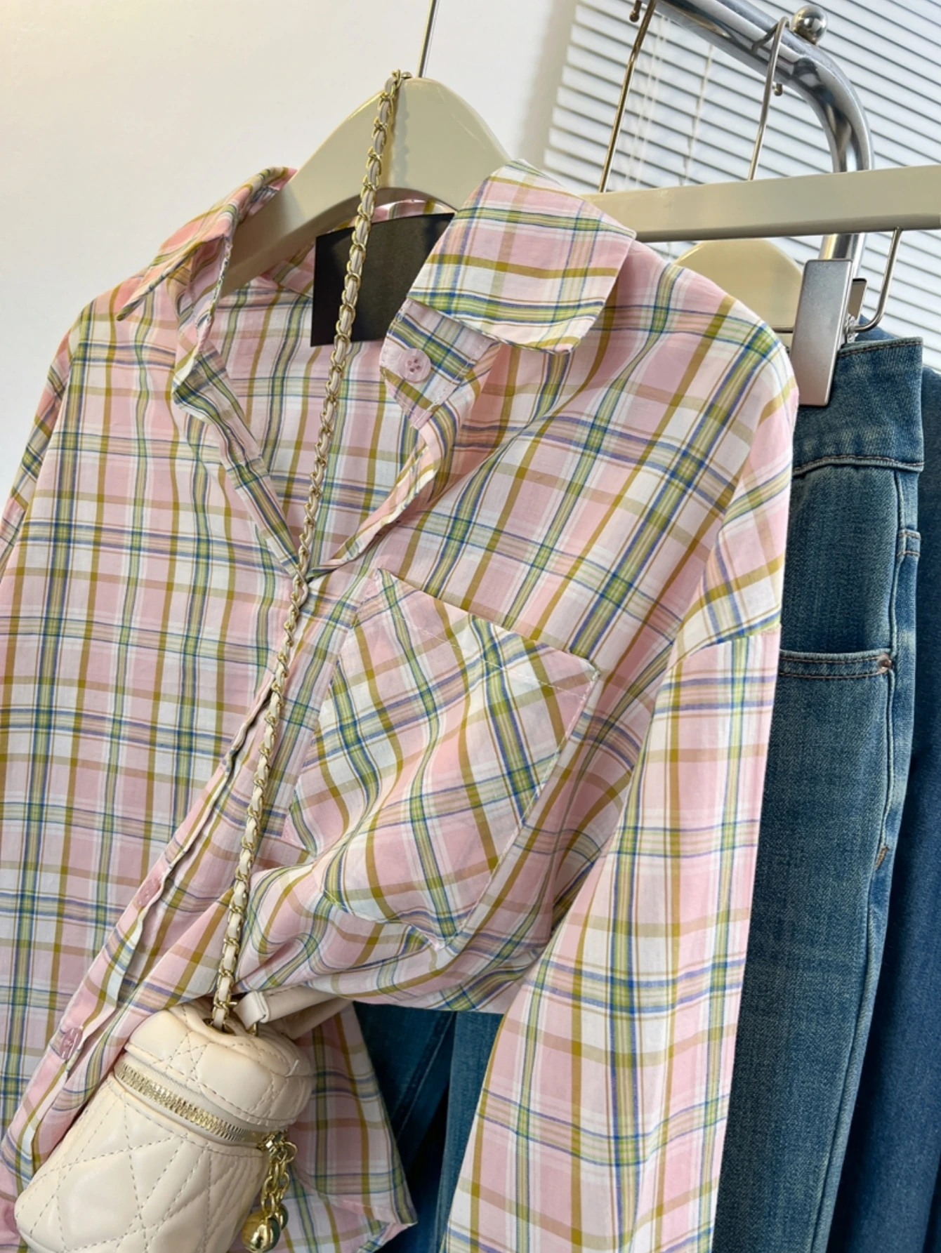 

Pink Plaid Summer irt Women's Casual Loose Long Sve Collar Button down Cotton Polyester Blend Sun Protection Top