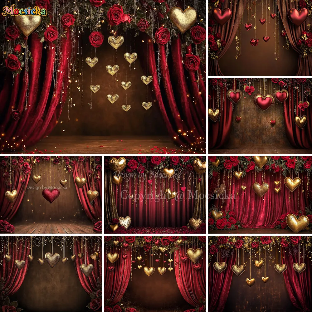 

Photography Background for Valentine's Day Red Rose Curtains Gold Heart Glitter Backdrop Girls Birthday Wedding Party Photobooth