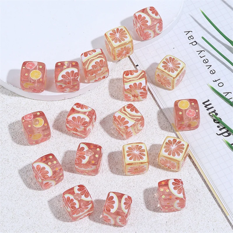Summer style 50pcs/lot 14mm color flowers pattern print geometry square shape resin straight hole beads diy jewelry accessory