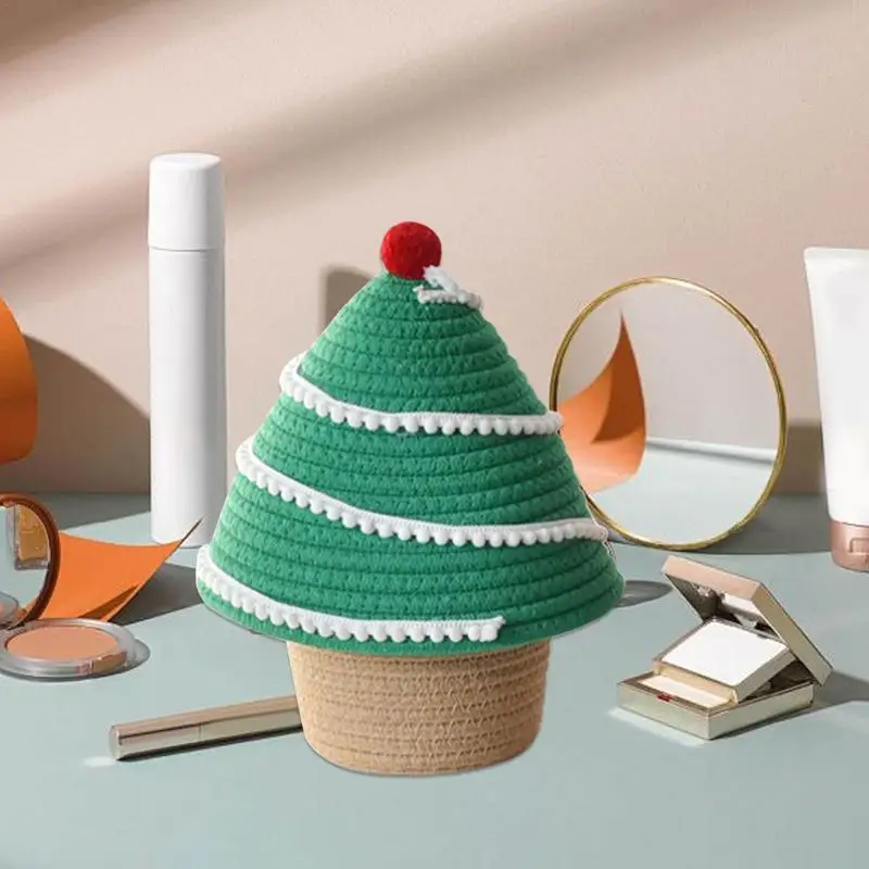 Cesta de almacenamiento tejida, cesta de almacenamiento de cuerda de árbol de Navidad con tapa, estante, organizador de almacenamiento tejido, cestas de almacenamiento decorativas