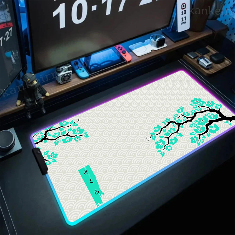 XXL Keyboard Pads Luminous Table Mat RGB Backlit Gaming Mousepad Blue Sakura Mouse Mat LED Large Gamer Desk Pad Japanese Element