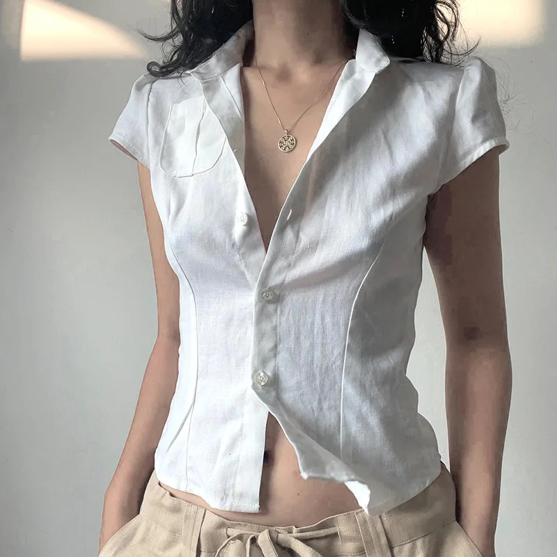 HOUZHOU Vintage Fold Crop Top White Button Up Short Sleeve Blouse Women Pockets Korean Style T-shirts Casual Streetwear Y2k 2024