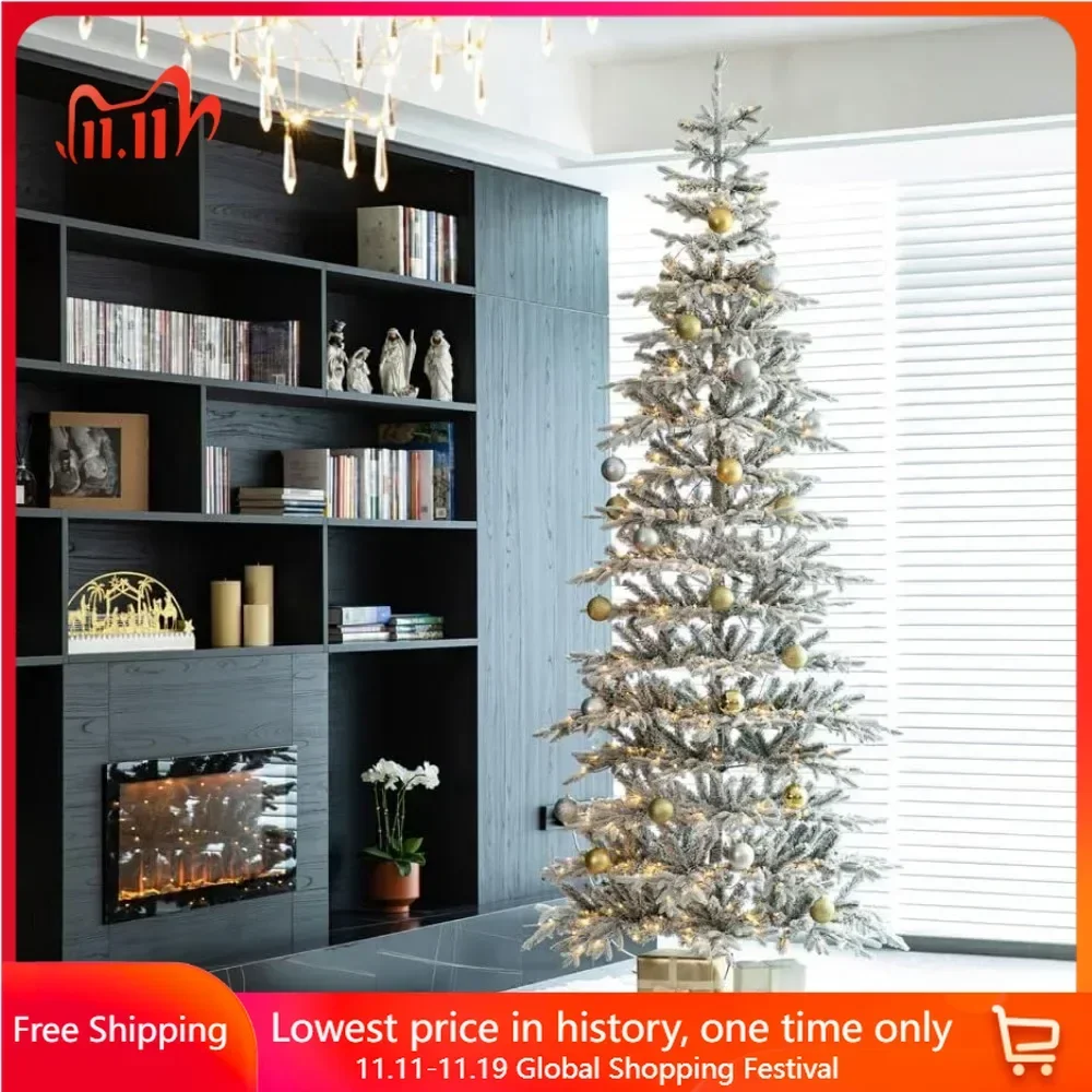 10ft Flocked Fir Artificial Christmas Tree, with Easy Assembly Metal Stand, with 700 Warm White Lights , Large Xmas Tree