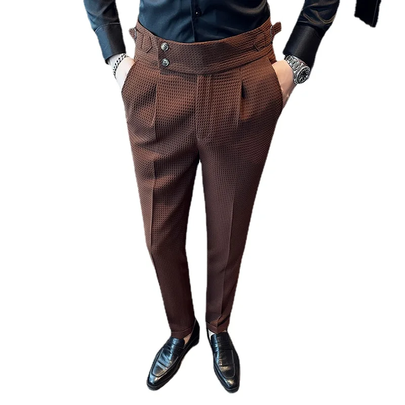 

Pure Color Men Waffle Suit Pants Fashion Design Male Business Banquet Wedding Party Dress Trousers