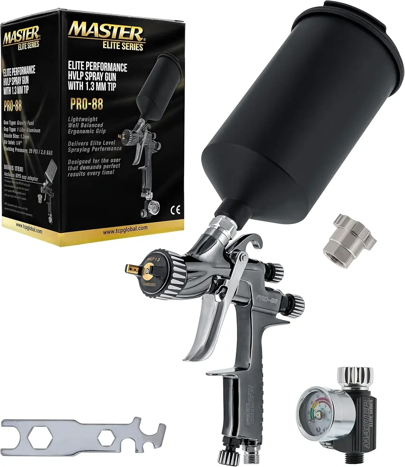 Elite Performance PRO-88 Series HVLP Spray Gun with 1.3mm Tip with Air Pressure Regulator Gauge, MPS Cup Adapter - Ideal for Aut