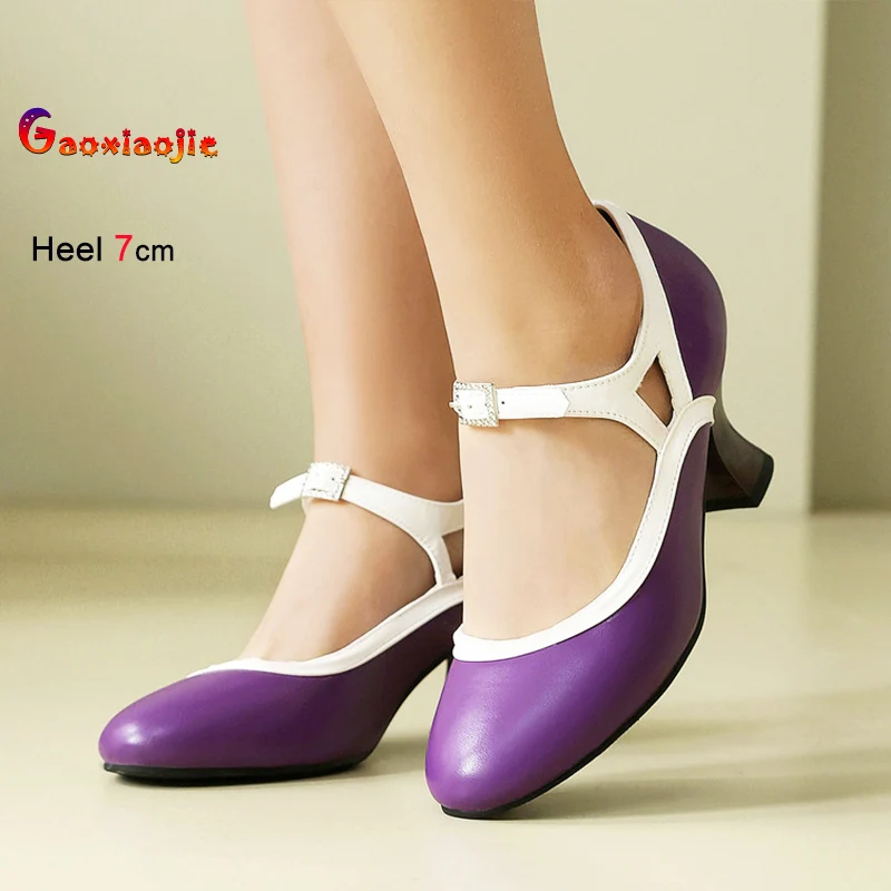 

Plus Size 46 Women Round Toe Mary Jane Shoes Purple single shoes 7CM High Heels 2026 New Fashion Buckle Strap Elegant Pumps CD