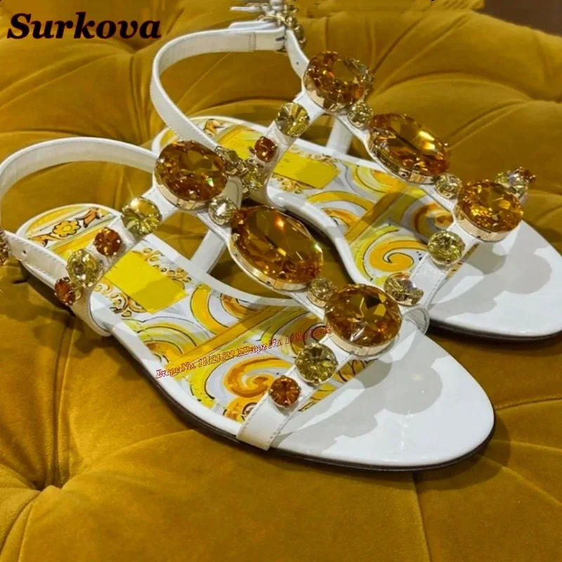 

Gem Rhinestone Open Toe Sandals Round Toe Buckle Strap Bohemian Flat Elegant Sandals Fashion Sandals Ladies Luxury Summer 43