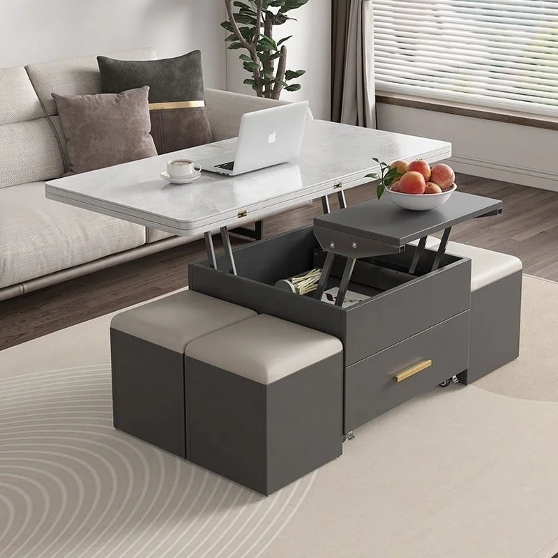 طاولة قهوة خشبية قابلة للطي مربعة متعددة الوظائف قابلة للتمديد، مناسبة لأثاث غرفة المعيشة المنزلية الحجرية #5