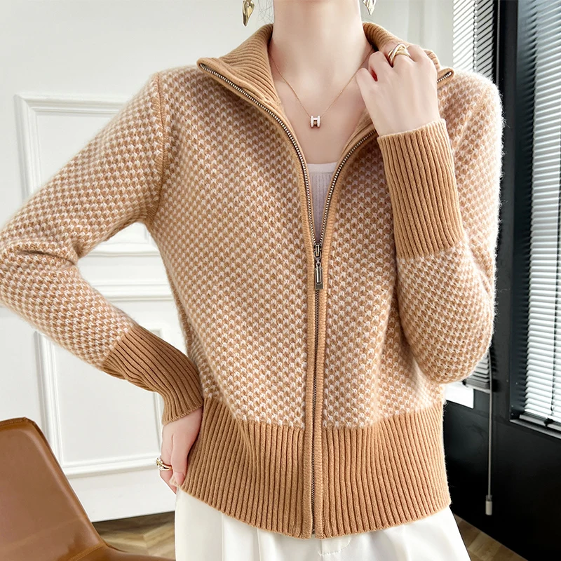 Mode Frauen 100 % Merinowolle Mode Stehkragen Reißverschluss Strickjacke Lange Ärmel Kaschmir Weiche Warme Kleidung Top