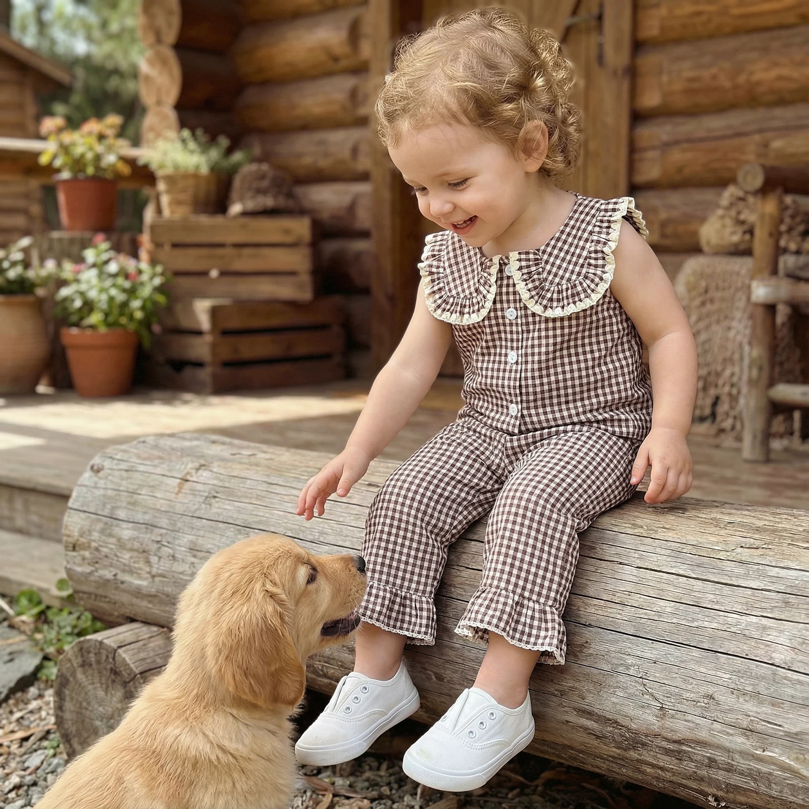 

Летние наряды для маленьких девочек от 1 до 5 лет, жилет без рукавов с воротником-стойкой и клетчатым принтом, топы, брюки с эластичной резинкой на талии, комплект одежды для девочек, комплект из 2 предметов