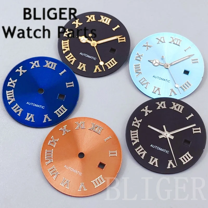 BLIGER Damen 24,5 mm römische Markierungen, Schwarz, Braun, Königsblau, Zifferblatt, Zeiger, passend für NH05 NH06-Uhrwerk, Modifikationszubehör