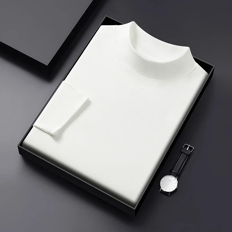 2026 New Men's Casual Solid Color High Collar Velvet Long Sleeve T-shirt Spring and Autumn Versatile Comfortable Top