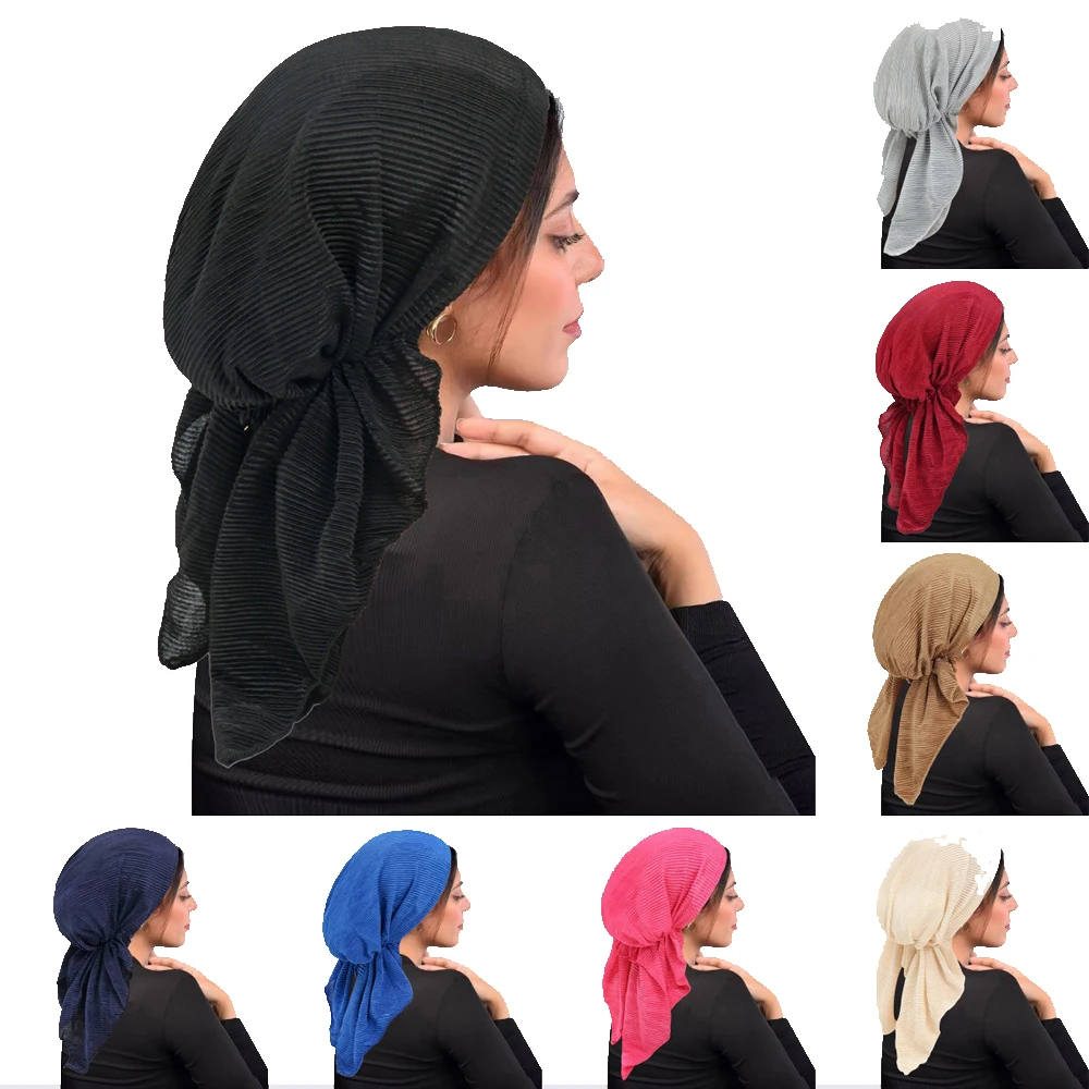 Novas mulheres pré-amarrado chapéu muçulmano hijab plissado lenço turbante quimio boné perda de cabelo cabeça envoltório bandanas bandana turbante mujer