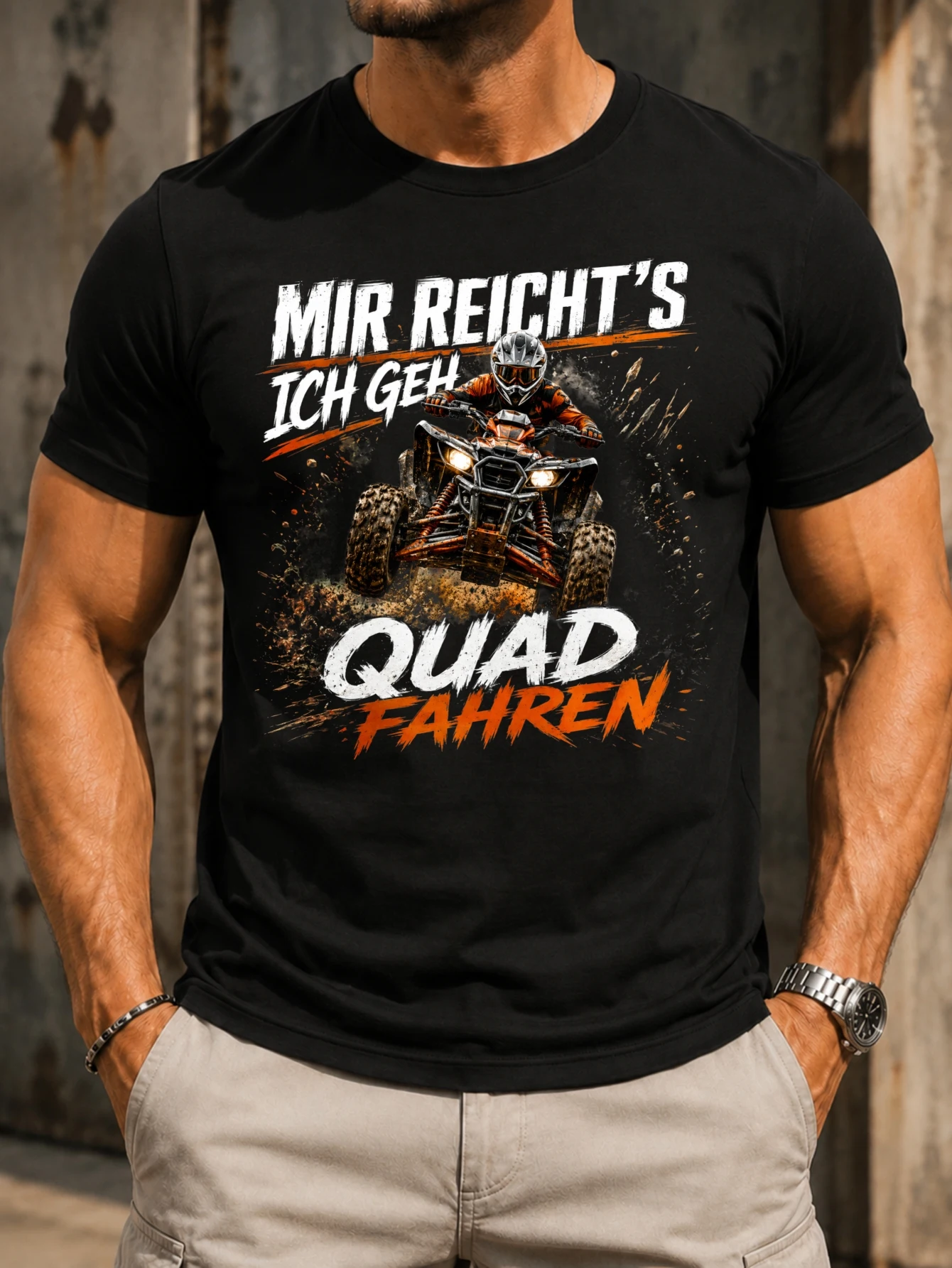 Mir Reichs Ich Geh Quad Fahren orange action ATV splashing mud aggressive brush typography and  Unisex All T-Shirt