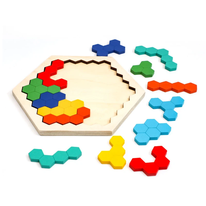 3D Hexagonal Wooden Puzzles Educational Toys For Children Kids Preschool Tangram Board Brain IQ Test Game Montessori Toys Gifts view 4